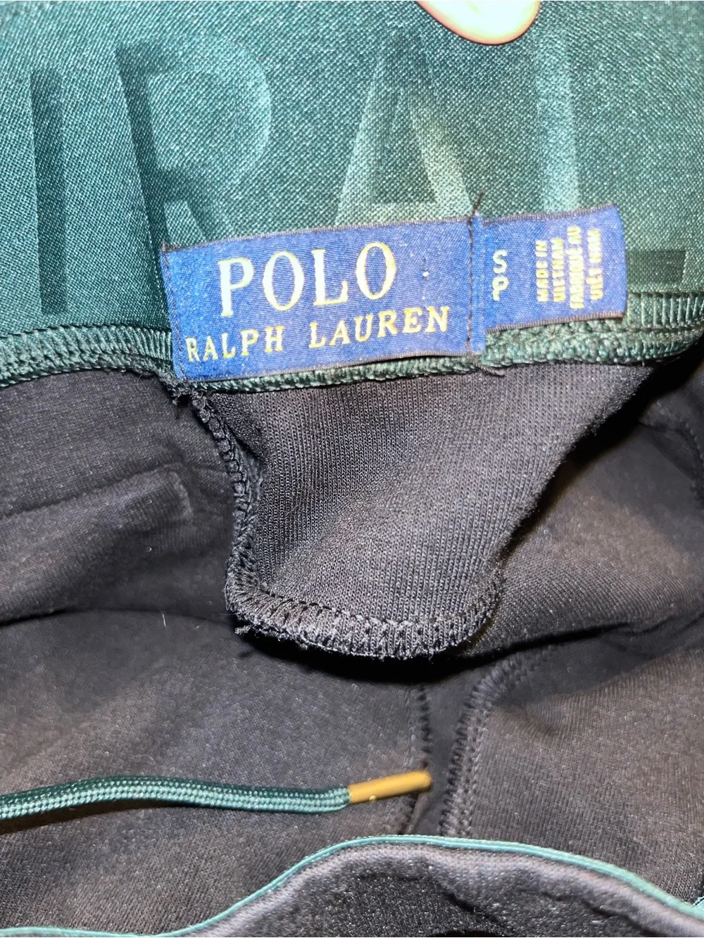 Ralph Lauren Black Sweatpants with Green Stripe and Gold Embroidery